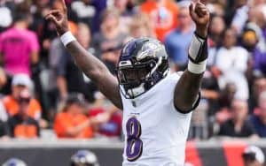 Lamar Jackson of the Baltimore Ravens celebrating