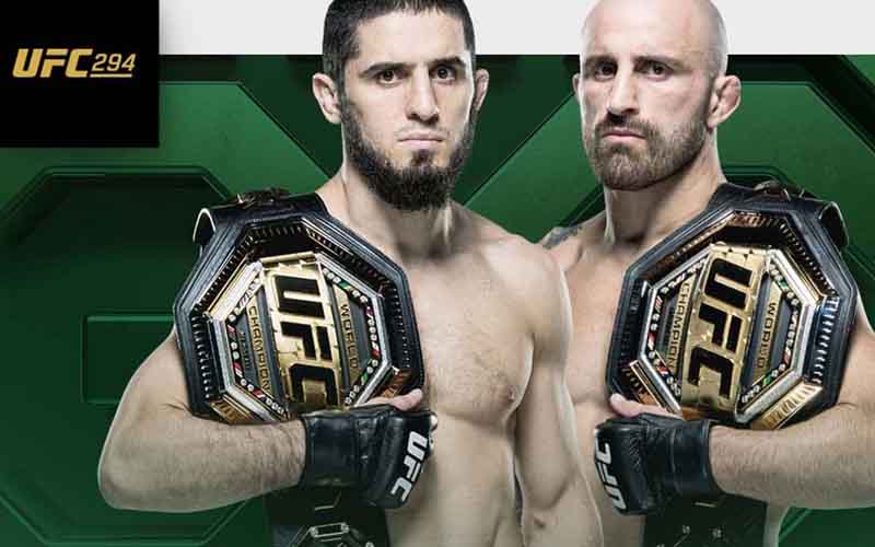 UFC 294 promo image featuring Alexander Volkanovski and Islam Makhachev