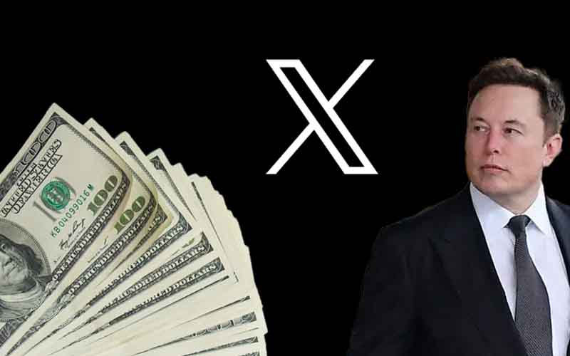 Elon Musk next to the X logo for Twitter and some cash