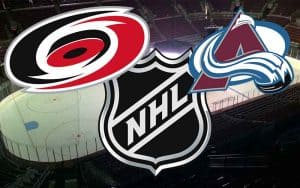 Carolina Hurricanes, Colorado Avalanche, and NHL logos over a hockey rink