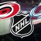 Carolina Hurricanes, Colorado Avalanche, and NHL logos over a hockey rink