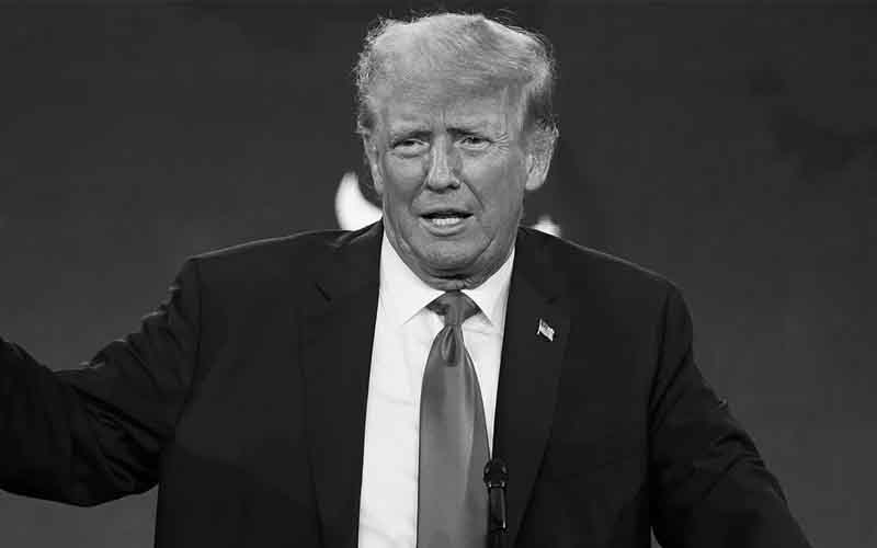 a black and white image of Donald Trump speaking to an audience