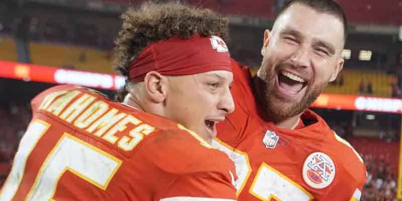 Patrick Mahomes and Travis Kelce of the KC Chiefs celebrating