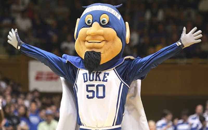 Duke Blue Devils Mascot with his arms in the air
