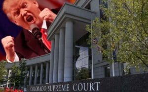 Donald Trump angrily pounding his fists on the CO Supreme Court