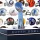 A Lombardi Trophy with all 32 NFL team's helmets behind it