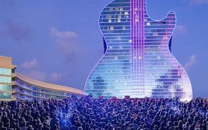 The Hard Rock Casino in Hollywood with a crowd waiting to get inside