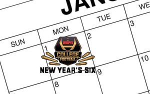 A January 2024 calendar with a New Year's Six Bowl Games logo on the 1st