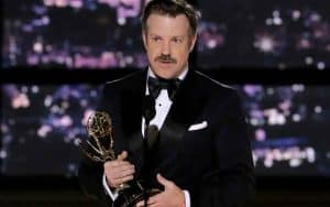 Jason Sudeikis accepting an Emmy Award for Ted Lasso