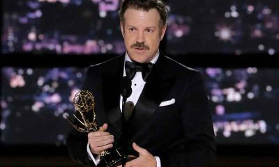 Jason Sudeikis accepting an Emmy Award for Ted Lasso