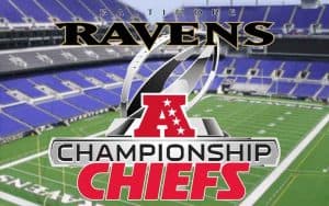Lamar Hunt Trophy, Chiefs and Ravens logos, and the Baltimore Ravens stadium