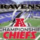 Lamar Hunt Trophy, Chiefs and Ravens logos, and the Baltimore Ravens stadium