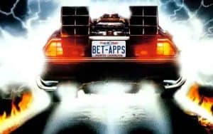 A DeLorean heading to the future with a North Carolina Bet Apps license plate