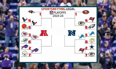 an NFL Playoffs bracket in front of cheering Ravens fans