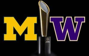 Washington and Michigan logos next to the CFP National Championship trophy