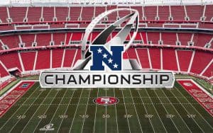 NFC Champioship logo over Levi's Stadium in Santa Clara, CA