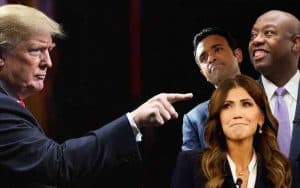 Trump pointing at his potential VP selections for 2024