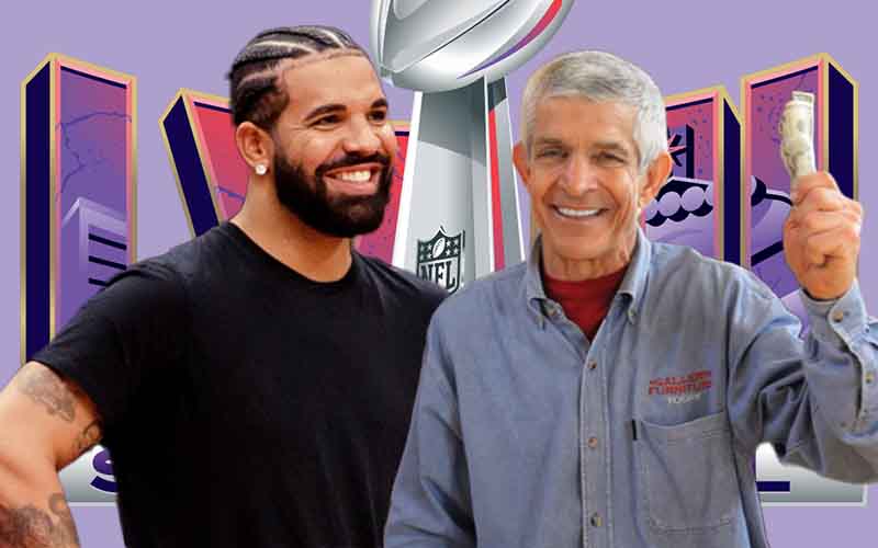 Mattress Mack and Drake in front of a Super Bowl LVIII logo