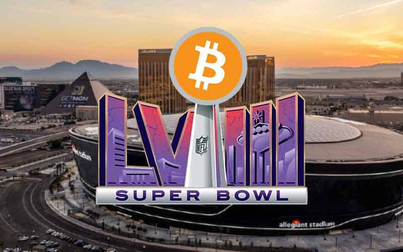 Super Bowl LVIII logo featuring a BTC logo hovering over the Las Vegas skyline