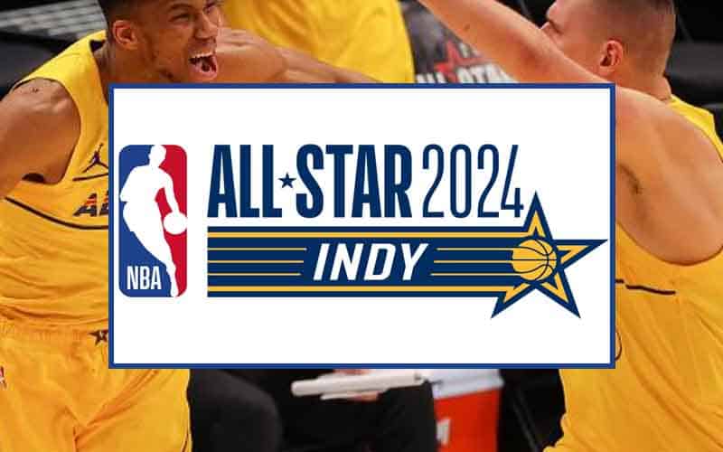 NBA All Star 2024 Indianapolis promo with players in the background