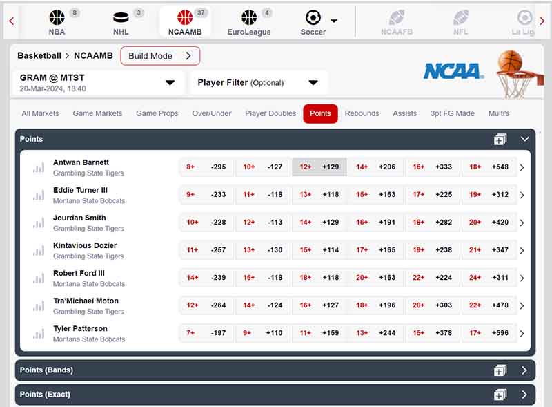 March Madness prop builder app from Bovada LV
