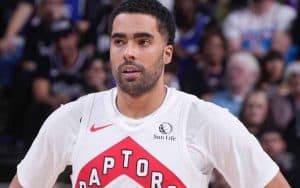Jontay Porter of the Toronto Raptors looking concerned