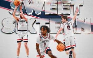 Sweet Sixteen text surrounding by three UConn Huskies players