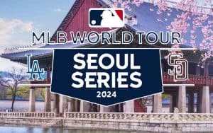 2024 MLB Seoul Series logo over an image of South Korea