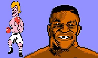 Mike Tyson and Glass Joe looking like Jake Paul in the Punch Out video game from Ninetendo