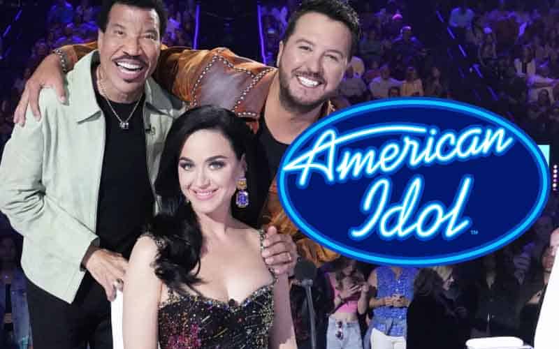 Katy Perry, Lionel Richie, and Luke Bryan next to an American Idol logo