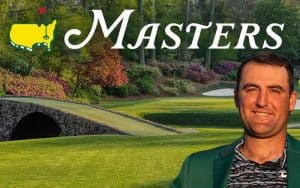 2024 The Masters logo in front of Augusta National and Scottie Scheffler in a green jacket