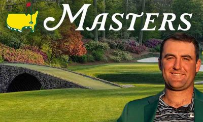 2024 The Masters logo in front of Augusta National and Scottie Scheffler in a green jacket