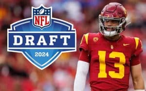 USC Trojans Caleb Williams next to a 2024 NFL Draft logo