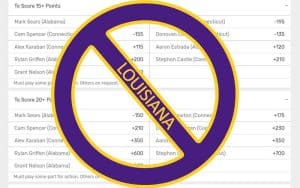 a no symbol with Louisiana written on it over college player prop bets