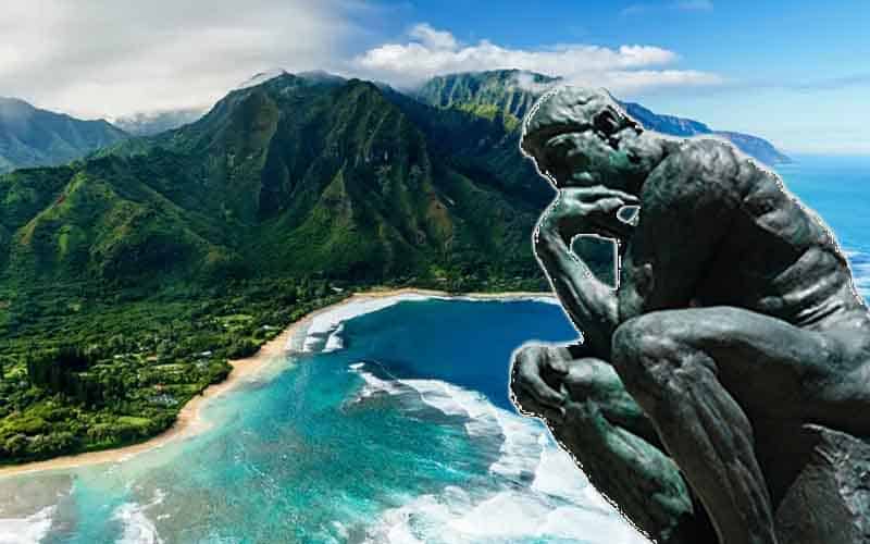 The Thinker statue in front of Hawaiian islands