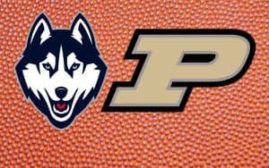 UConn Huskies and Purdue Logos on basketball leather