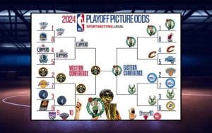 an NBA Playoff bracket over a darkly lit basketball court