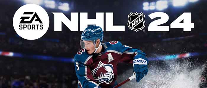 promo for EA Sports NHL 24 video game featuring an Avalanche player