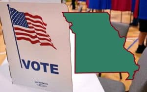 a voting station next to an image of MO's shape