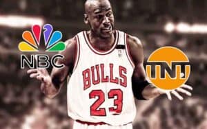 Michael Jordan holding an NBC logo in one hand and a TNT logo in the other