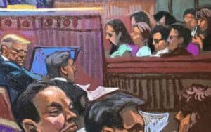 a courtroom sketch of Donald Trump facing his jurors