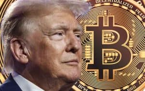 Donald Trump's face in front of a large Bitcoin