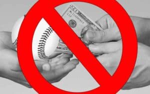 money and a baseball changing hands with a no symbol placed on top