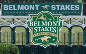 The Belmont Stakes starting gates with the 2024 logo on top