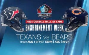 NFL HoF Game promo with helmets for the Texans and Bears facing each other