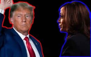 Donald Trump highlighted in red standing next to Kamala Harris highlighted in blue