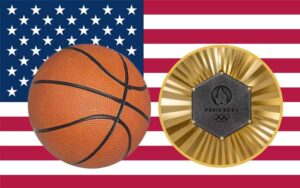 USA flag, a gold medal, and a basketball