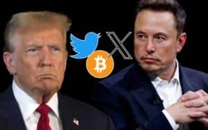 Donald Trump next to Elon Musk with logos for Twitter, X, and Bitcoin in the background