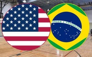 USA and Brazil flags over an Olympic Basketball court