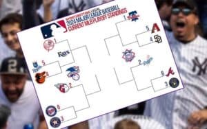 MLB Playoff bracket with Yankees fans in the background